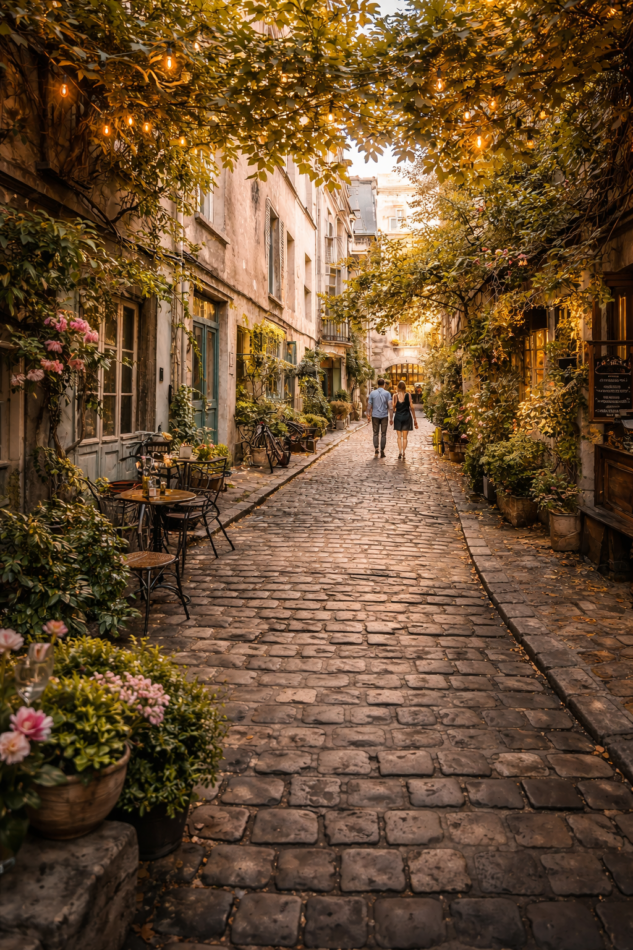 hidden gems in Paris quiet street golden light couple