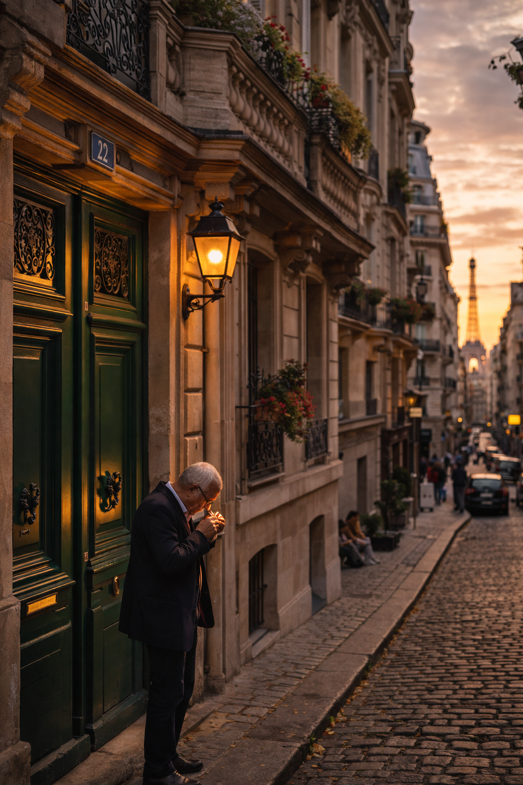 local Parisian man on a quiet street at sunset
