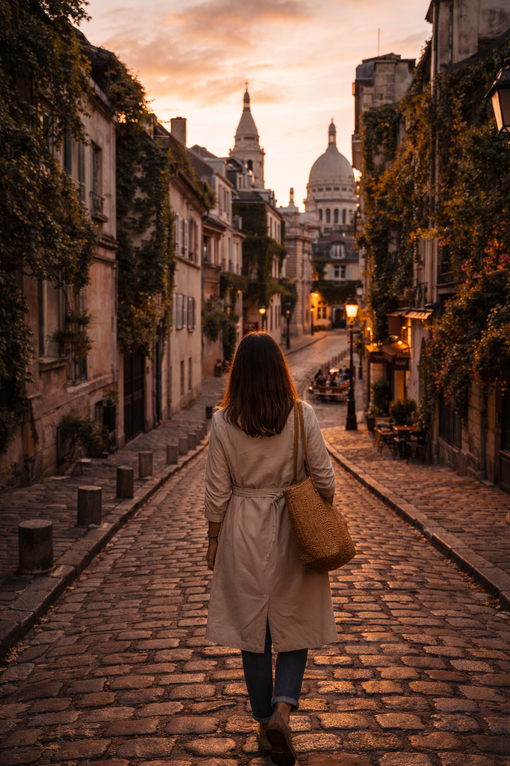 quiet Montmartre street at sunset with Sacre Coeur in the background