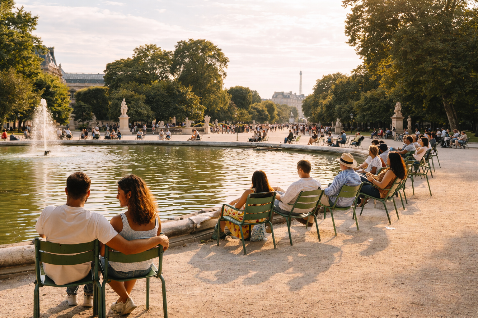 Visitors relaxing by the pond in the Tuileries Garden