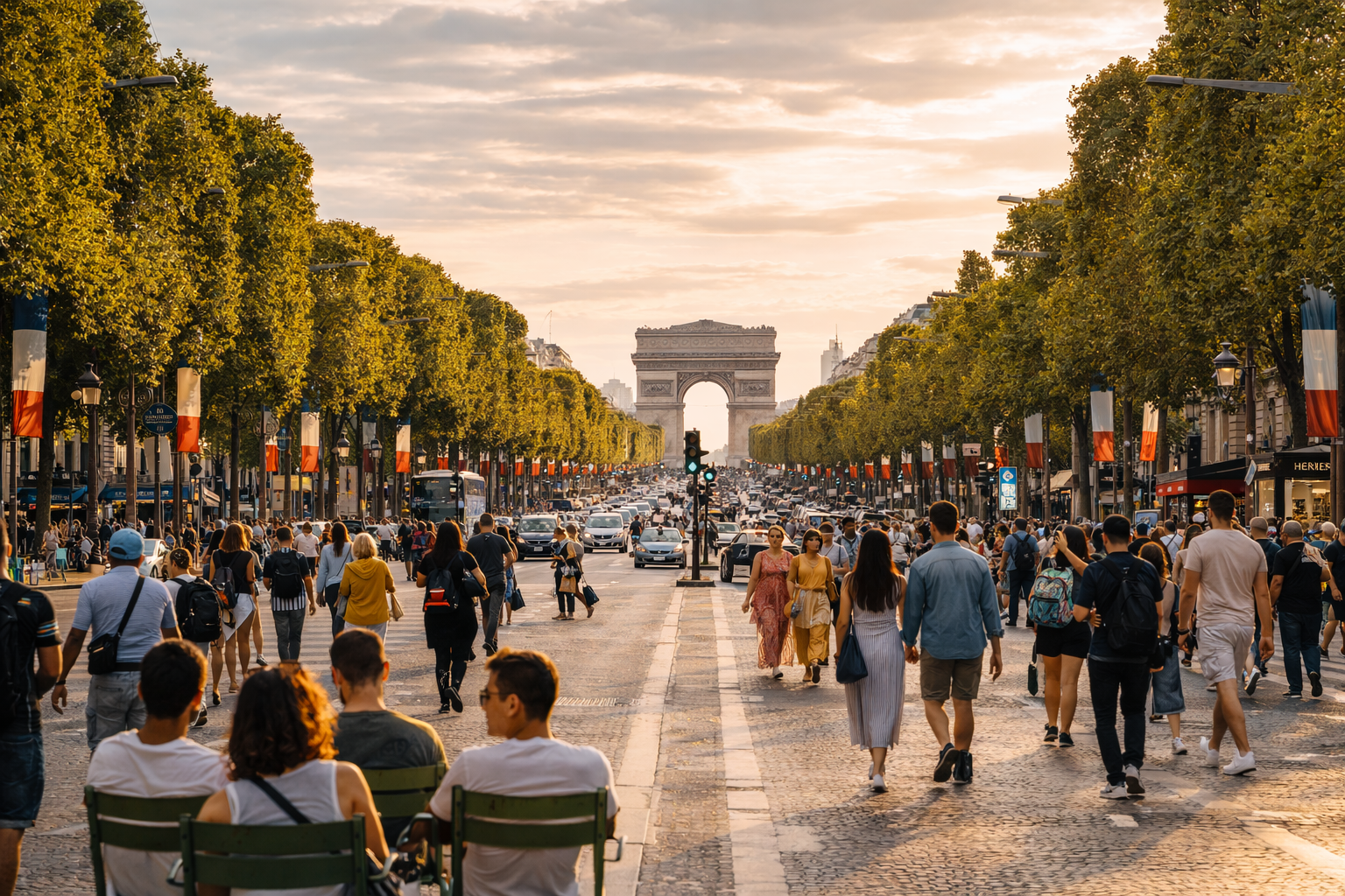 Wide view of the Champs Elysees leading to the Arc de Triomphe