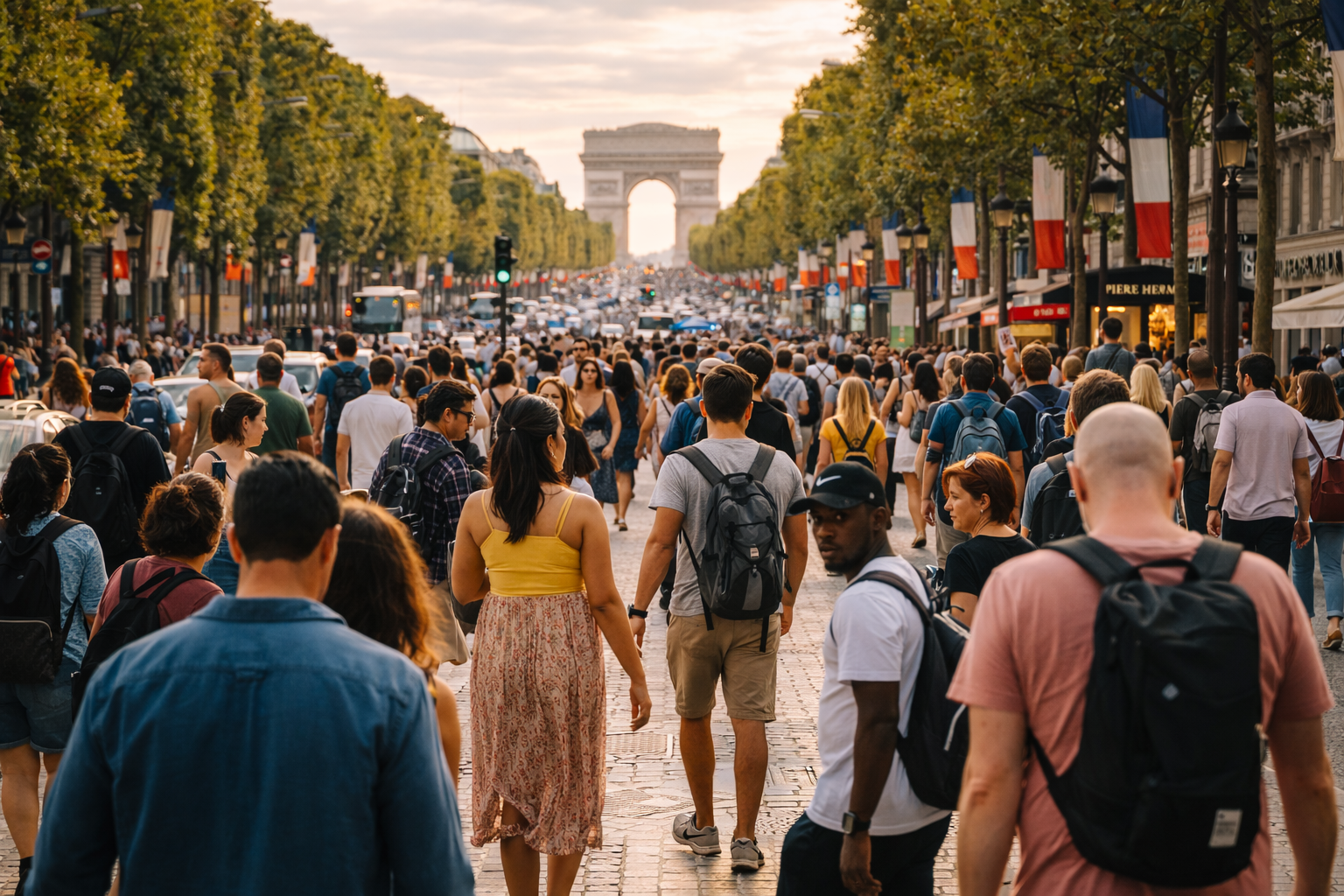 Crowds walking along the Champs Elysees in Paris