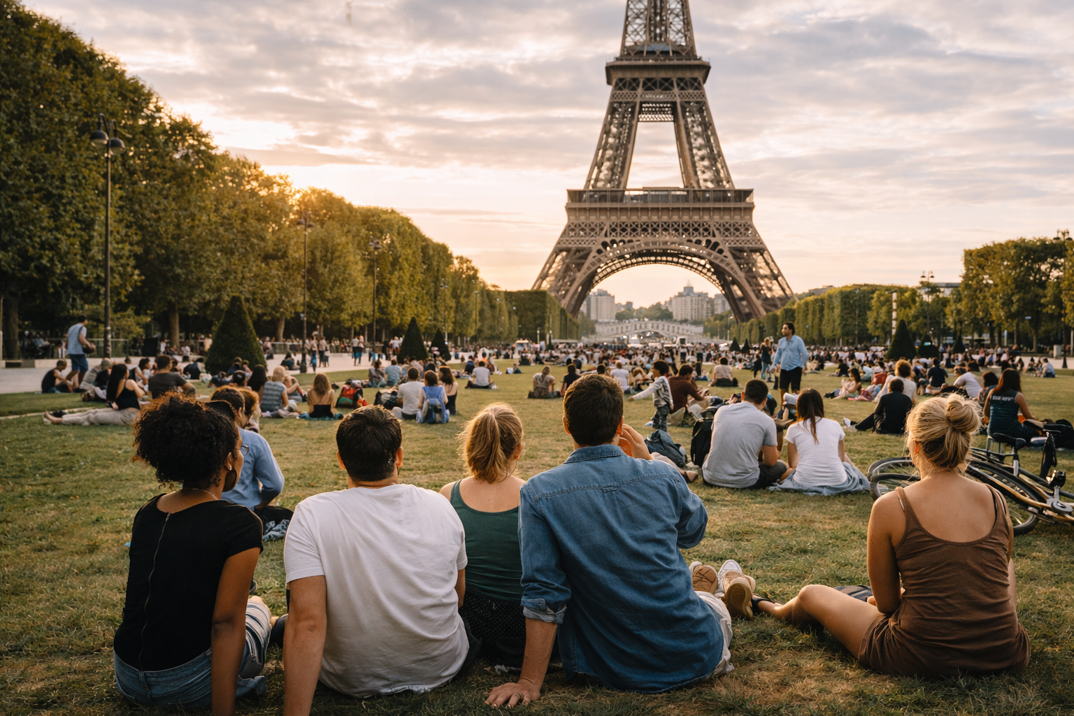 People relaxing near the Eiffel Tower on the Champ de Mars