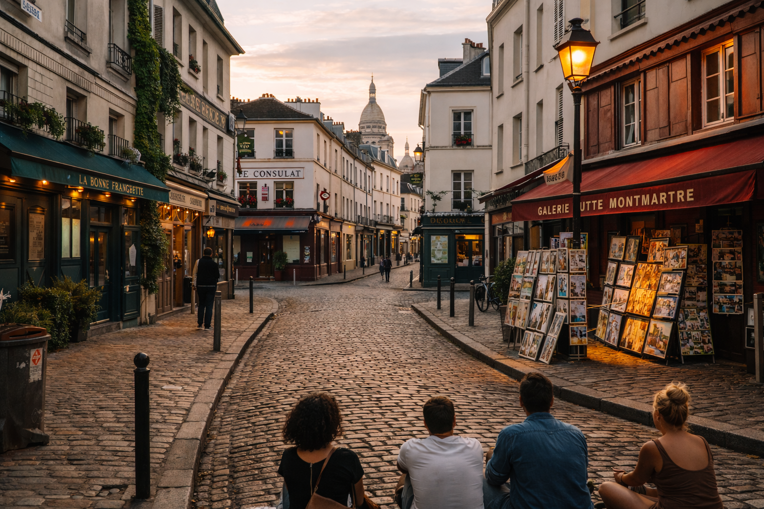 Early morning in Montmartre with quiet streets and small cafes