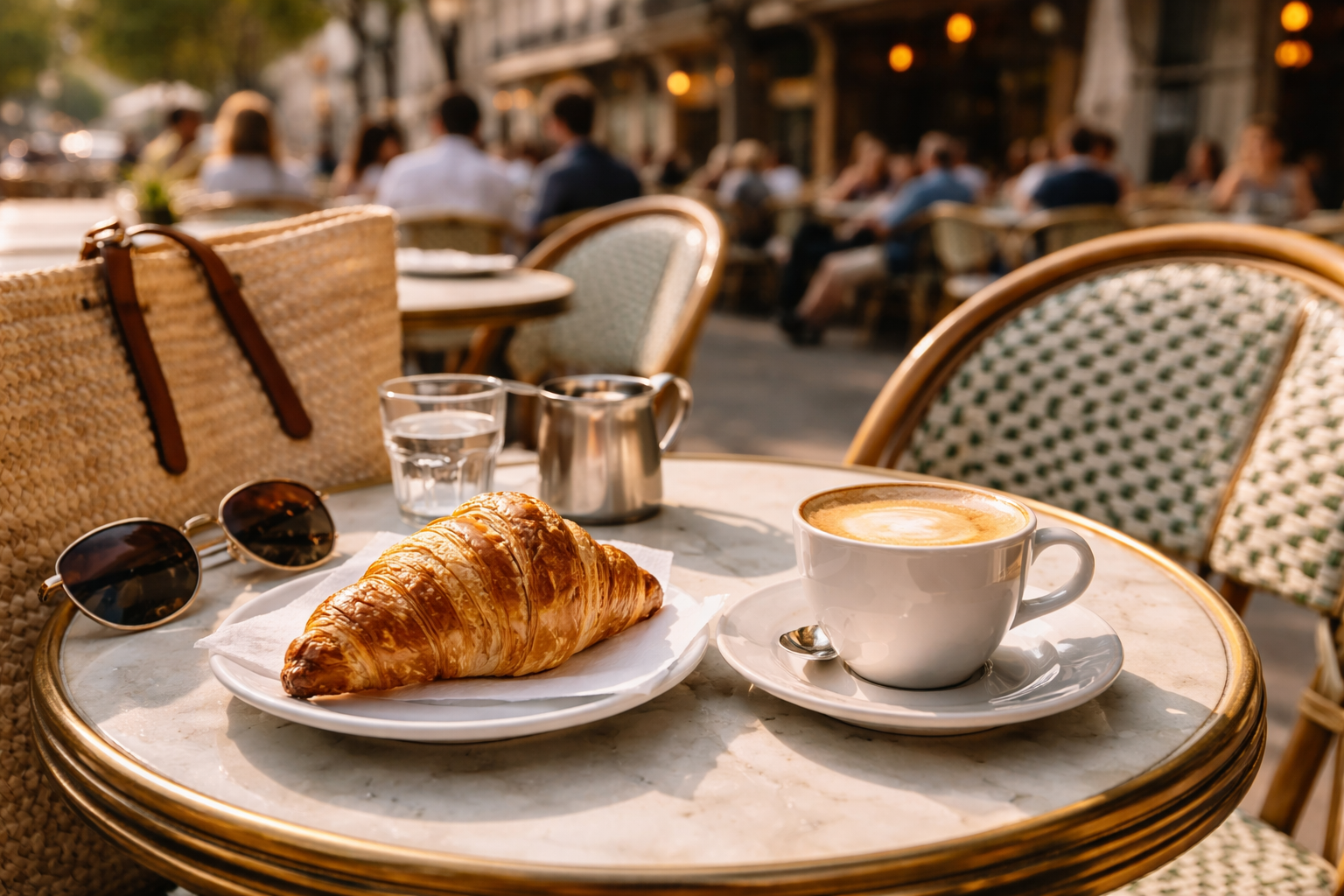 Coffee and croissant on a Paris cafe table