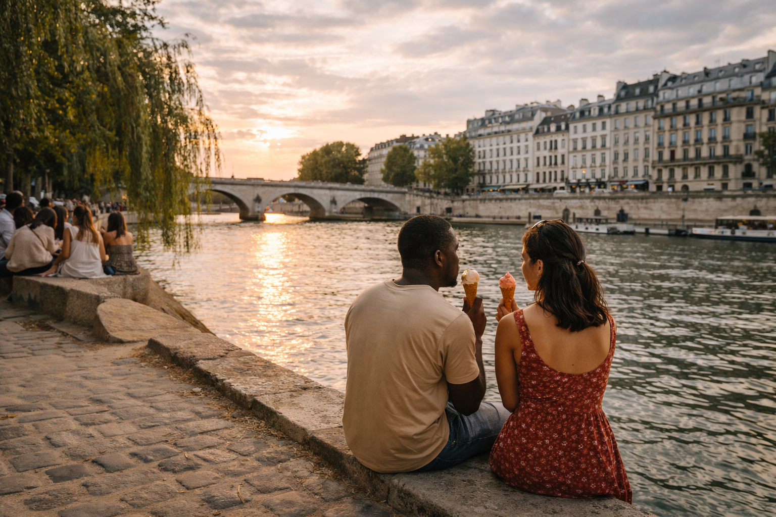 People sitting by the Seine eating ice cream near Ile Saint Louis