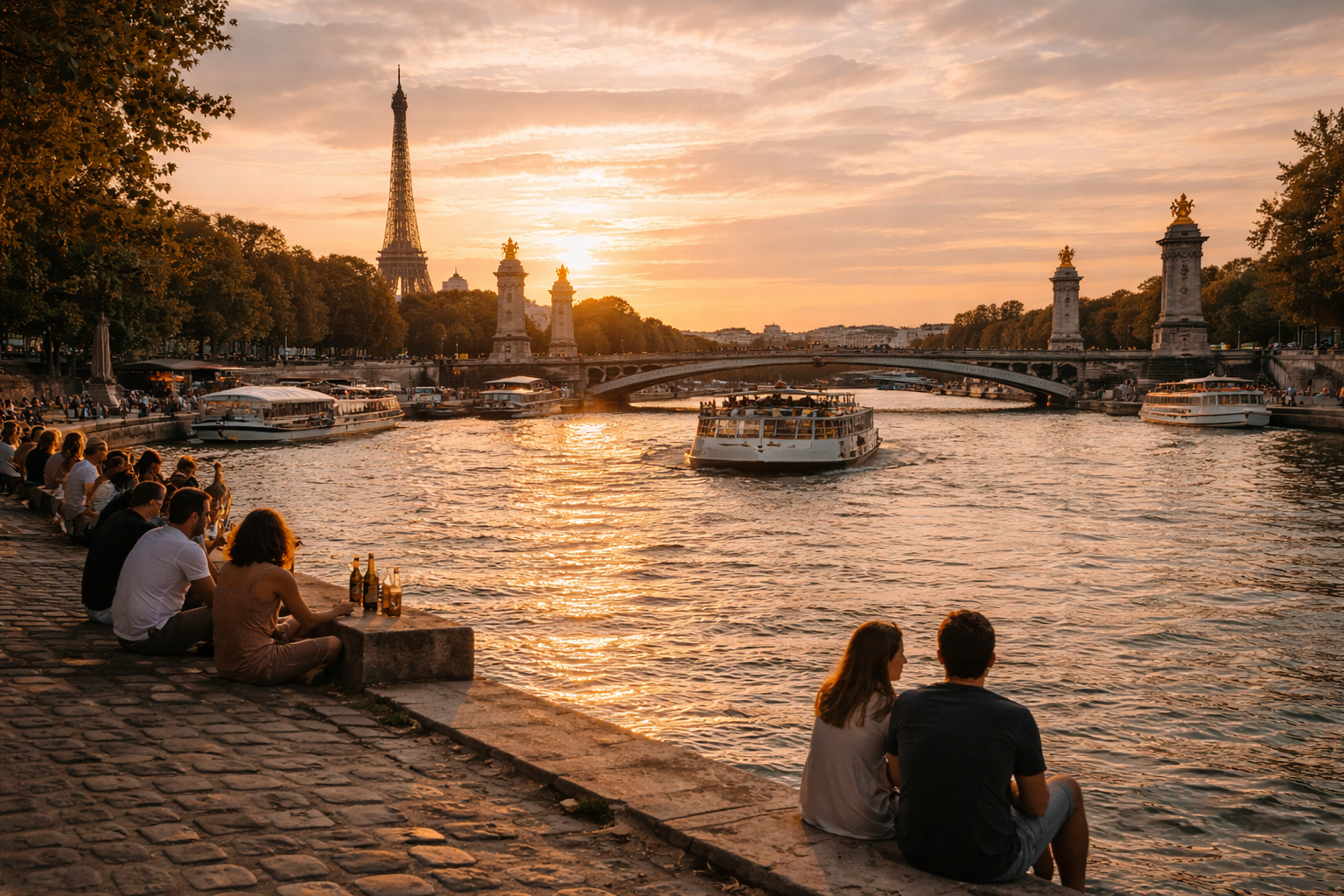 Sunset on the Seine in Paris with people gathered along the river