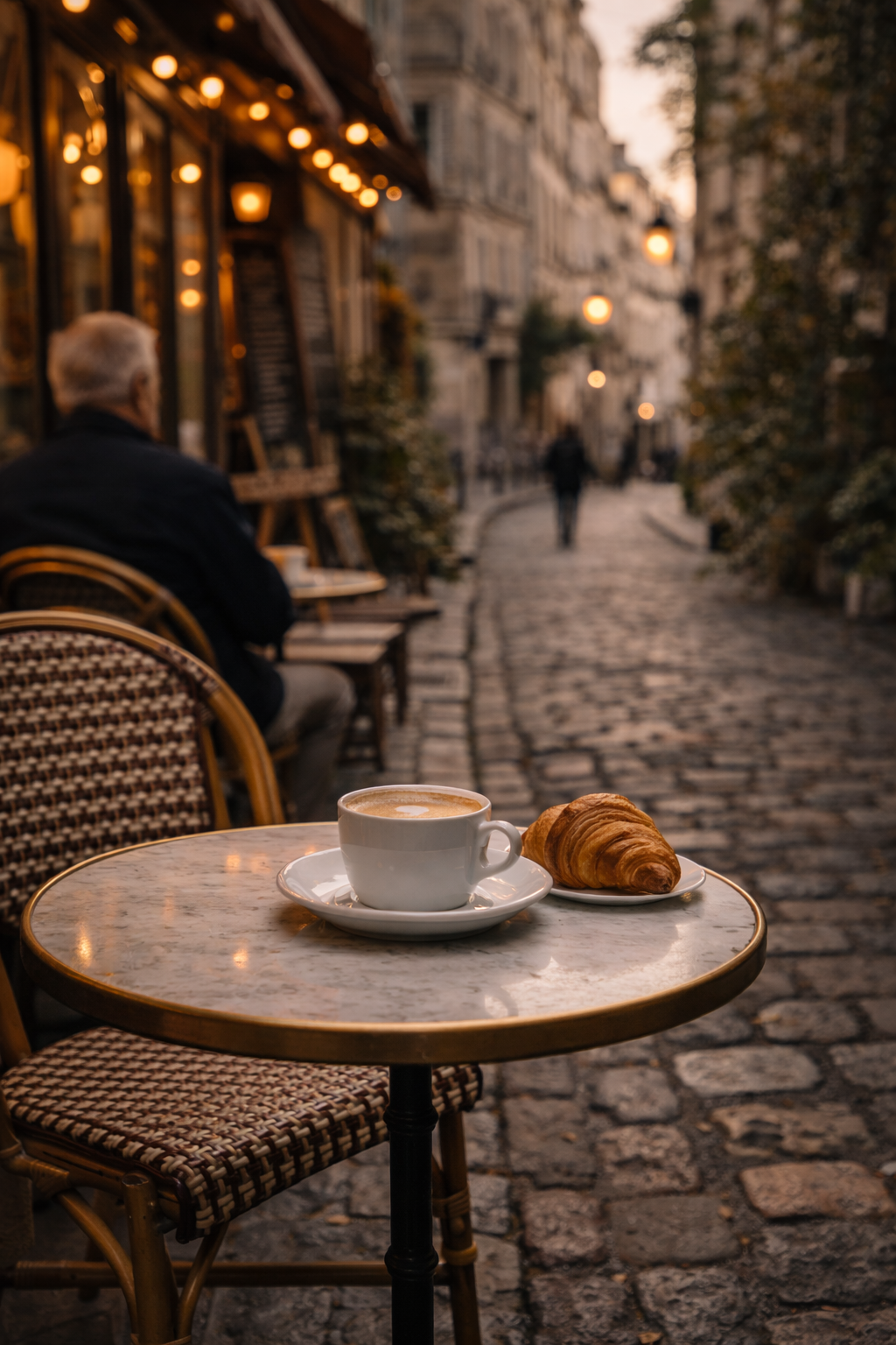 coffee and croissant on a Paris cafe table on a quiet street