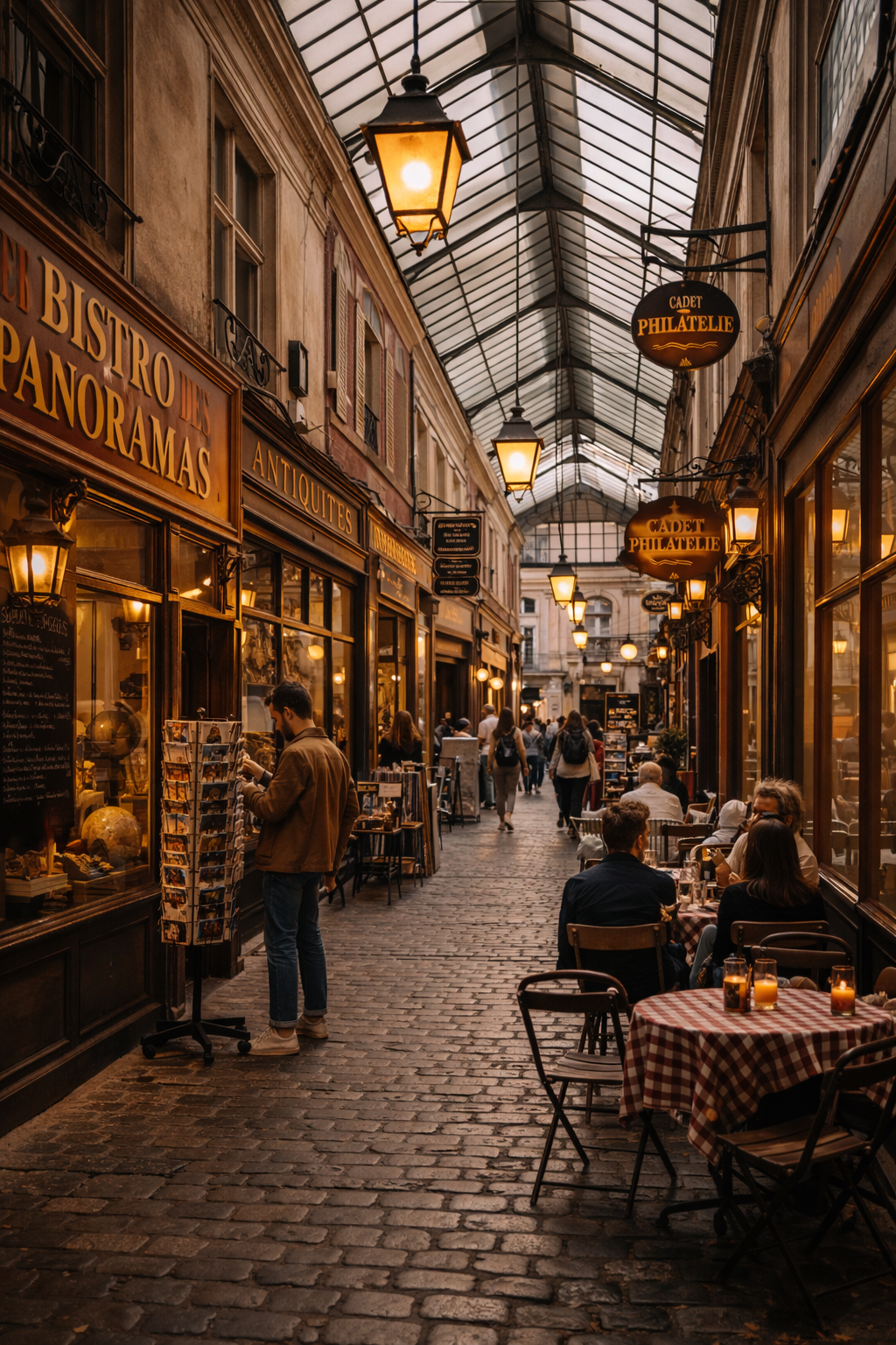 covered passage in Paris with shops warm lights and people
