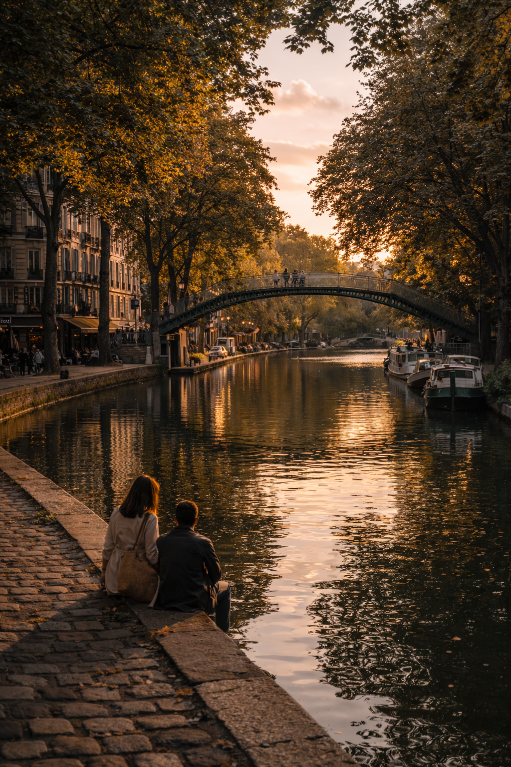 peaceful scene along Canal Saint Martin in Paris at golden hour