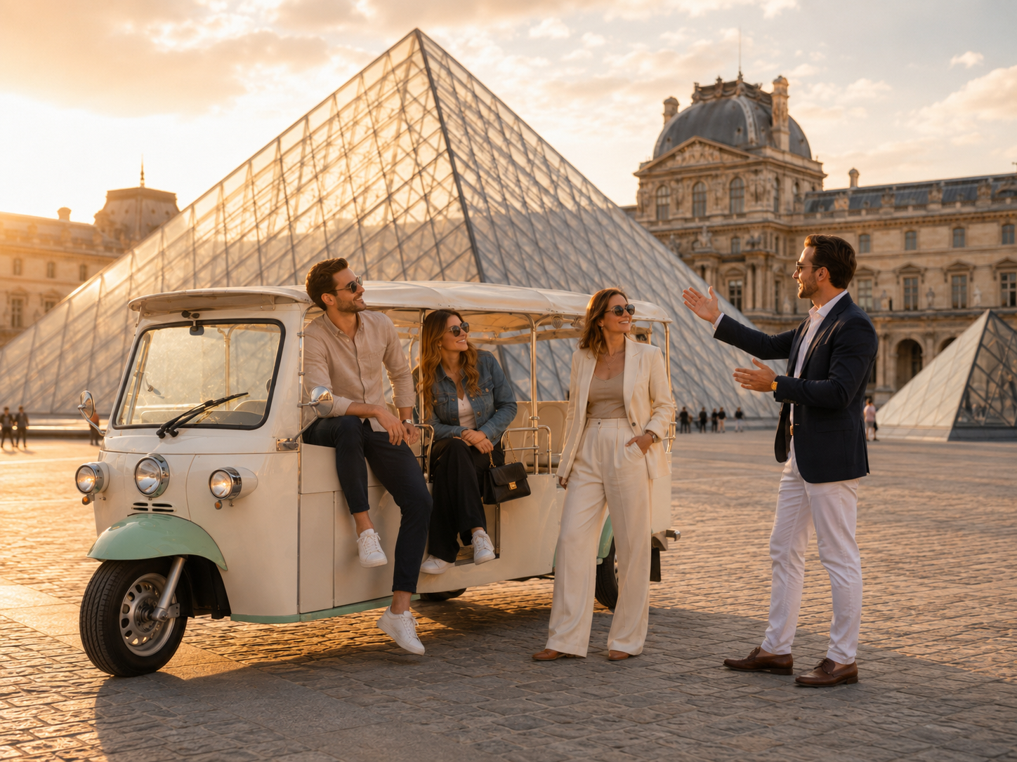 Guests smiling on a private tuk tuk tour Paris — romantic and family-friendly Paris Untold experience